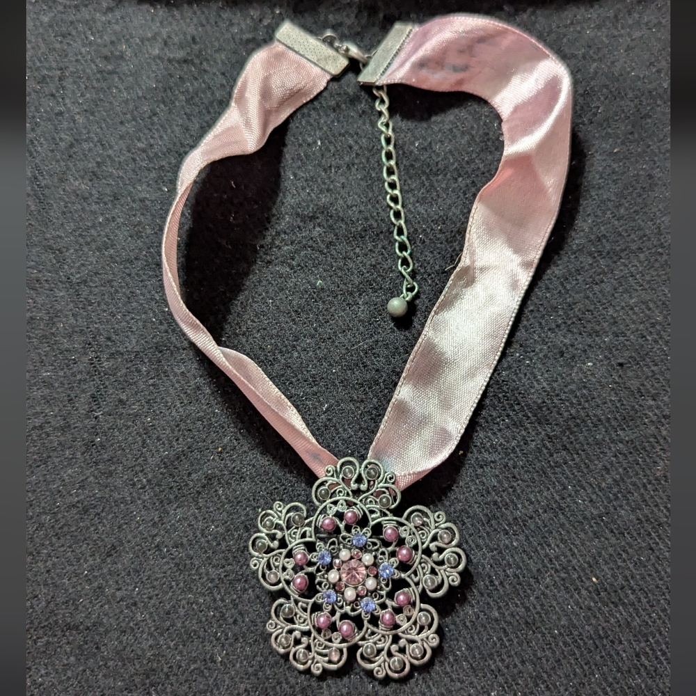 Silver Tone Pink Purple Rhinestone Flower Ribbon Statement Necklace Or Brooch